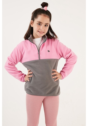 Lela Yumuşak Dokulu Yarım Fermuarlı Renk Bloklu Dik Yaka 2'Li Paket Çocuk Polar 5905004S2 Şeker Pembe Gri-Şeker Pembe Mor