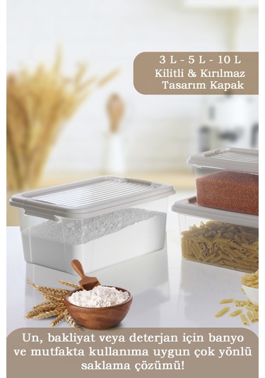 3'lü Kilit Kapak 3-5-10 Lt Erzak Saklama Kabı Çok Amaçlı Düzenleyici Kutu Deterjan Un Bakliyat Kabı Bej