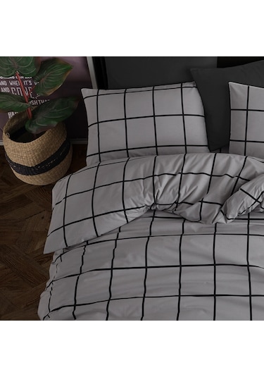 Coté Blanc Karo Gri %100 Pamuk Battal Boy Nevresim Takımı Gri