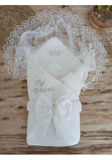 Yenidoğan Sahra Taç Benim Prensesim Nakışlı Kundak Bebek Battaniyesi Ekru Ekru