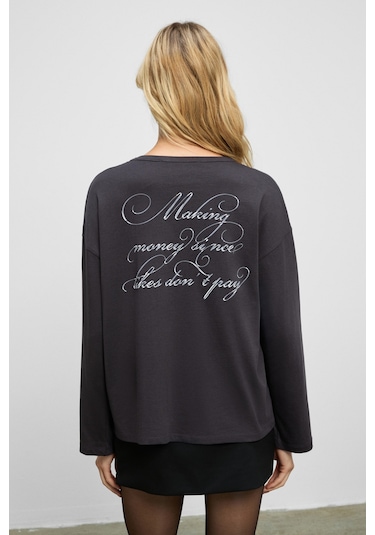 Grımelange Dazulu Kadın Yumuşak Kumaşlı Baskılı Uzun Kollu Antrasit T-shirt Antrasit