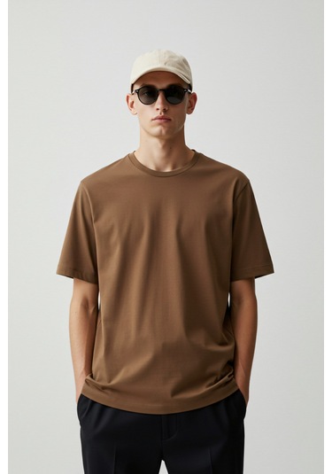 Erkek Oversize Basic Tişört Unisex %100 Pamuk Rahat Kalıp Erkek Tam Oversize Tişört Kahverengi