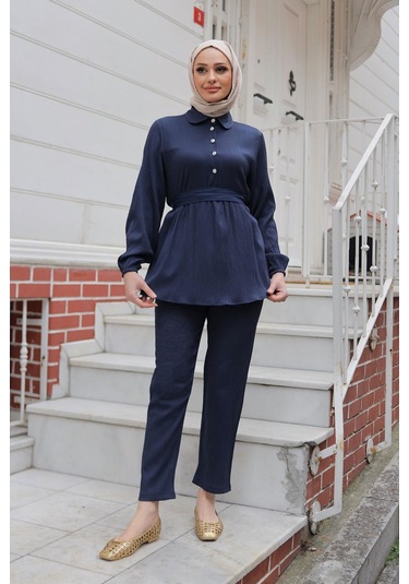 Taş Düğme Detaylı Takım Lacivert Lacivert