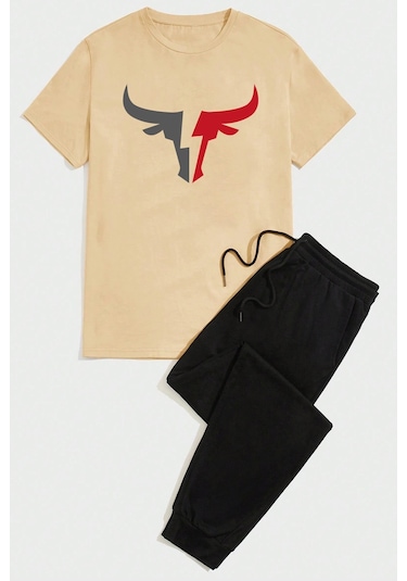 Unisex Boğa Baskılı Eşofman Takımı Bej Siyah