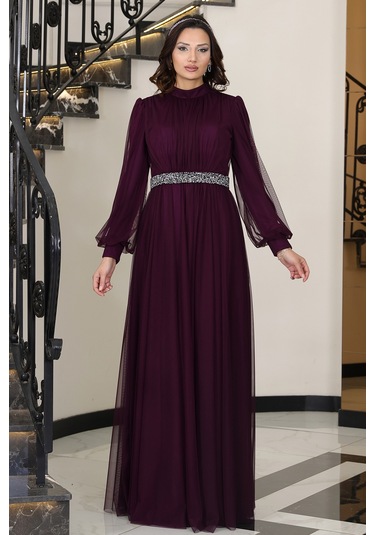 Alia Şık Taş Detaylı Büyük Beden Tesettür Abiye - Alya Mürdüm