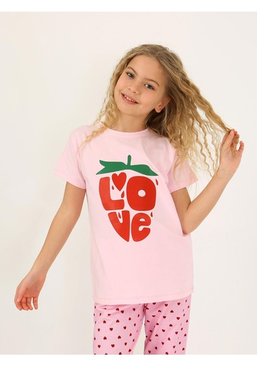 Kız Çocuk Kısa Kollu %100 Pamuklu Pijama Takımı Cute Love Toz Pembe