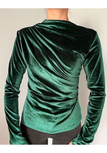 Ali Butik Yeşil Balıkçı Yaka Kadife Bluz Yeşil