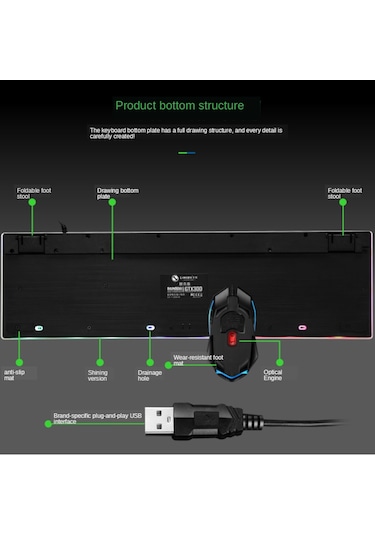 Tx300 Mekanik Feel Arka Işık Punk Kablolu Klavye Fare Seti Siyah