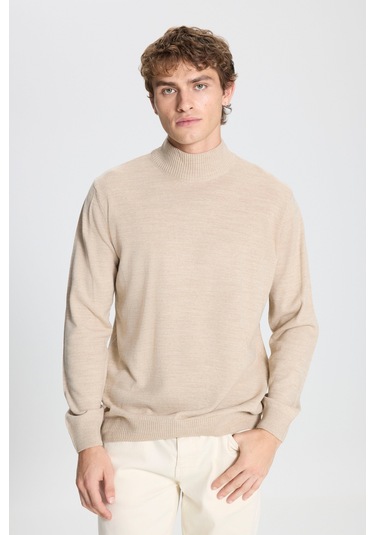 Erkek Bej Hakı 2'li Paket Standart Fit Normal Kesim Yarım Balıkçı Yaka Basic Triko Kazak Bej Hakı