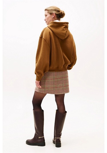 Kadın Rahat Kalıp Düşük Omuzlu Kapüşonlu Sweatshirt - Tarçın Highland Khaki