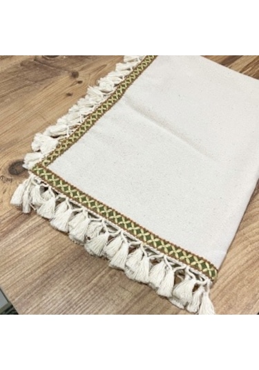 Dnc Home Tekstil Ndchome Özel Tasarım Ham Keten Krem Ponponlu Ve Şeritli Runner Masa Örtüsü Krem