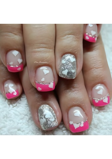 Kısa Parlak Aşk Gül Pembe Simli Tırnak Takma Tırnak Basit Günlük Tırnak Çıkartmaları 24 Parça Dahil Araçlar Ys519