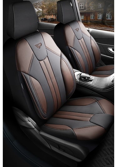 Siyah - Kahve Panda Carlone Serisi Ful Deri Oto Koltuk Kılıfı - Tam Set