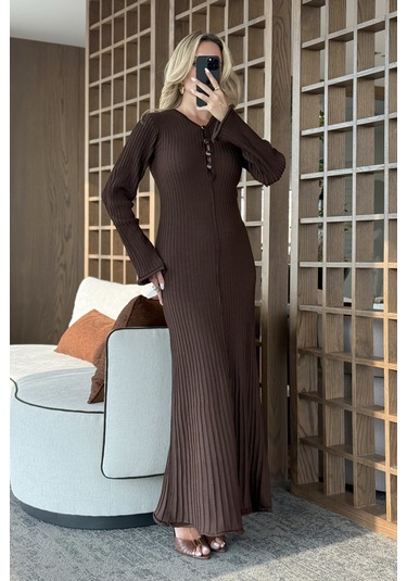 Kahverengi Streç Midi Boy Elbise - 1725 Kahverengi