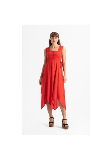 Kolsuz Şile Bezi Üçgen Katlı Midi Boy Yazlık Elbise Kırmızı Krmz-kırmızı