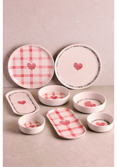 Hearts 14 Parça 6 Kişilik Kalpli Seramik Stackable Kahvaltı Seti Sunum Tabağı Cokrenklı Pembe