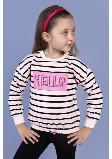 Toontoy Kız Çocuk Çizgi Desenli Baskılı Sweatshirt Pudra