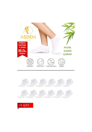 Asden Bambu Kadın Patik Çorap Beyaz 12'li, Dikişsiz, Soft Yıkamalı, Premium 12 Çift Beyaz