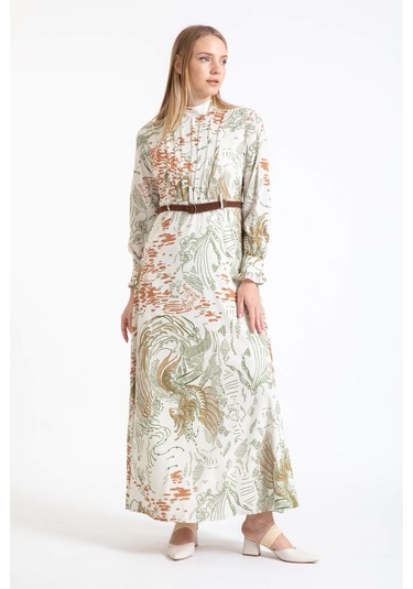 Hasır Örgü Kemer Detaylı Desenli Emprime Elbise Haki-haki Haki