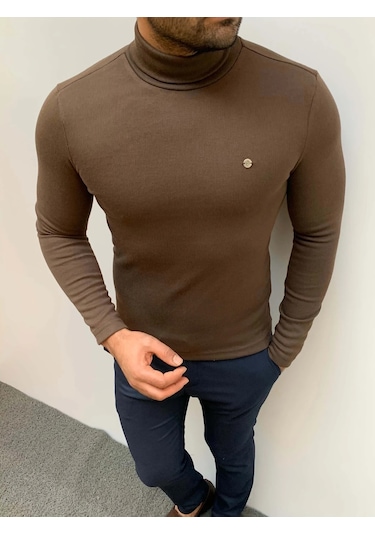 Modefendi Slim Fit A Kalite Pamuk Tam Boğazlı Kazak Kahverengi