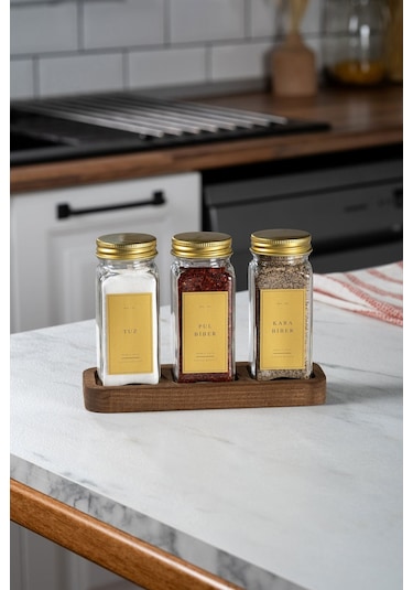 Mienda Home 3'lü Ahşap Standlı Cam Baharatlık Seti Gold Kapaklı Etiketli Baharatlık Takımı Gold - Şeffaf