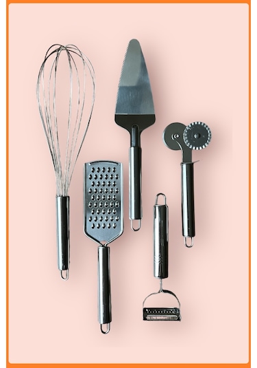 Beşli Mutfak Seti, Çırpıcı, Spatula, Soyacak, Pizza Kesici, Rende