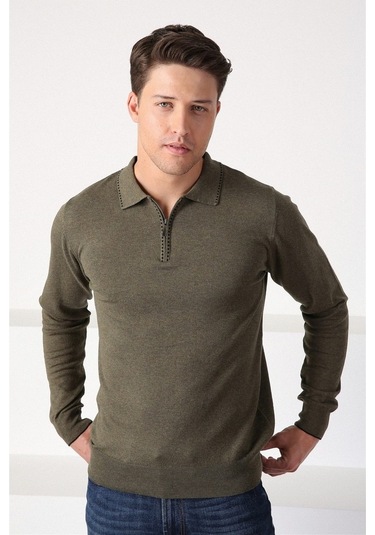 Ferraro Haki Polo Yaka Fermuarlı Erkek Pamuk Kazak Haki (456045549) Haki