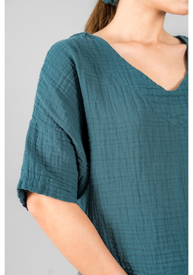 Asc Sun Müslin V Yaka Kısa Kol Bluz Petrol