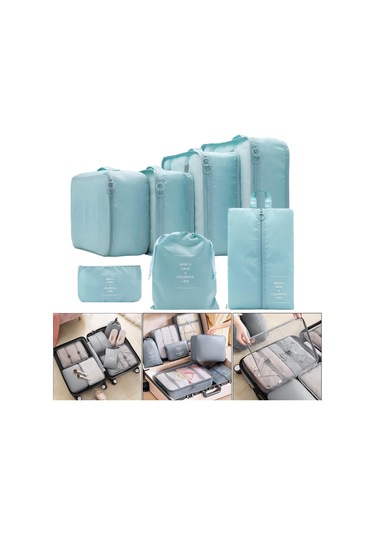7 Parça Taşınabilir Ambalaj Küpleri Seyahat Kozmetik Ayakkabıları Için Seyahat Organizatörleri Açık Mavi