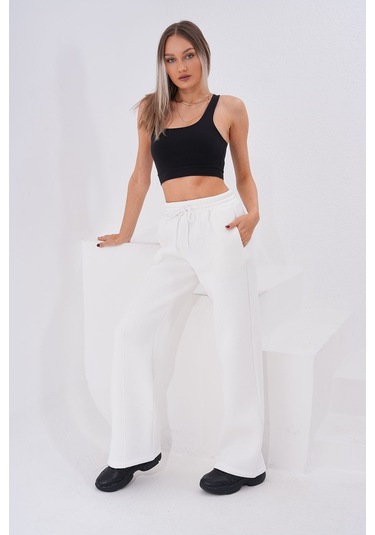 Kallima Çımalı Beyaz Kışlık Şardonlu Yüksek Bel Bol Paça Eşofman Beyaz