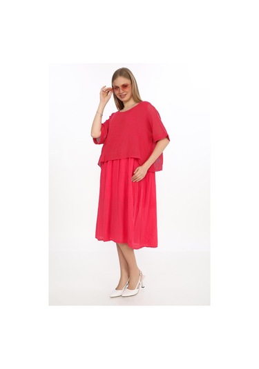 Müslin Keteni Üstü File Bluzlu Astarlı Tek Parça Elbise-9256 Mercan Pembe