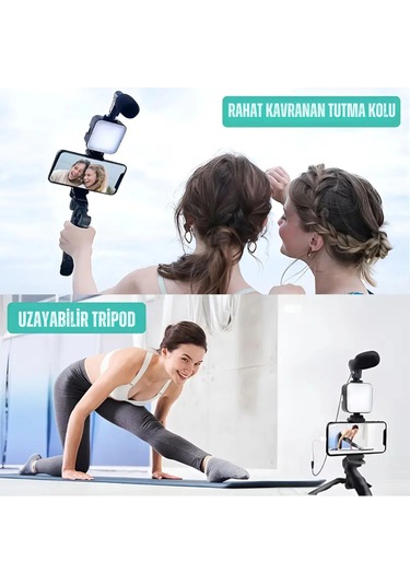 Shopytech 5 İ 1 Arada Mikrofonlu Led Işıklı Vlog Kiti Tabanca Tutuşlu Masaüstü Tripod & Selfie Stick 1 Adet