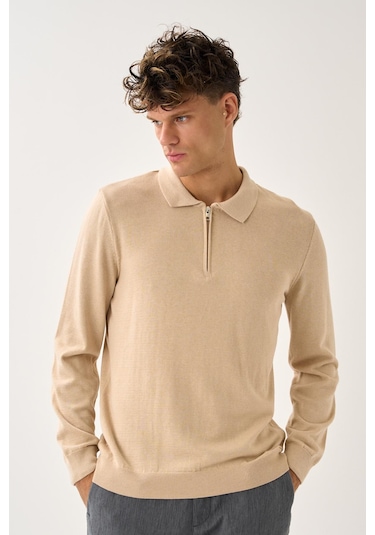 Fermuarlı Polo Yaka Kazak Bej