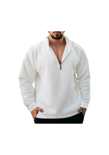 Erkek Yarım Fermuar Polar Kazak Üst Düz Renk Rüzgar Geçirmez Sonbahar Kış Uzun Kollu Yaka Kazak Beyaz