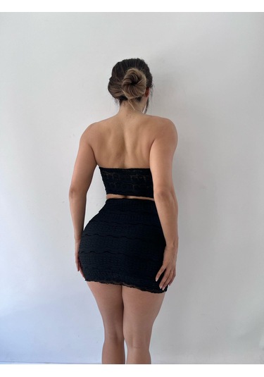 Siyah Dantel Strablez Tokalı Etekli İkili Takım Siyah