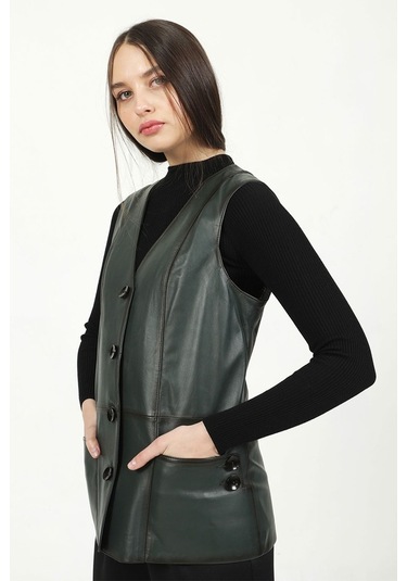 Dericlub Yb-2017 Gerçek Deri Kadın Yelek Yeşil