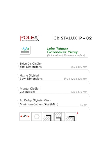 Polex Cristalüx Granit Evye P-02 Mavi Tezgah Altı Ve Tezgah Üstü Mutfak Evyesi 85x49.5 CM