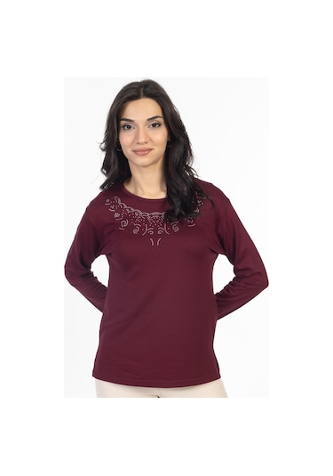 Yeni Model Taş İşlemeli Yuvarlak Yaka Likralı Anne Penye Bluz 6420-vişne Çürüğü