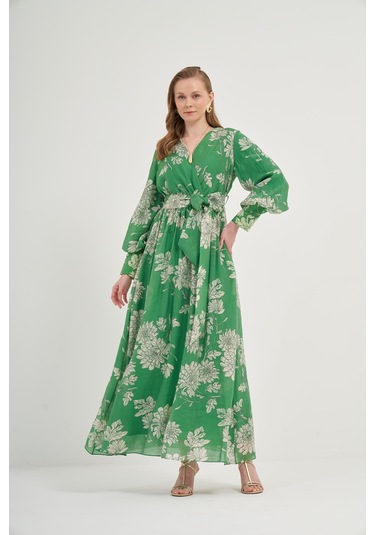Ftz Kadın Tansel Desenli Elbise Yeşil 31057 Yeşil