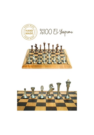 Mc52 Metal Satranç Takımı El Yapımı Doğal Ahşap Kayın Tahta Antik Metal Taşlar