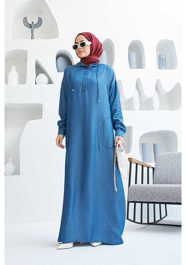 Neways 6643 Kapüşonlu Tesettür Elbise Koyu Mavi