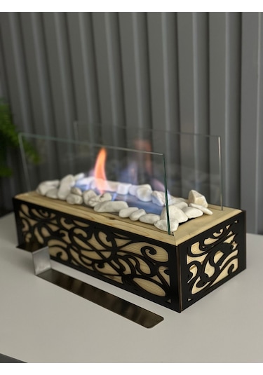 Esha Home Ahşap Masa Üstü Siyah Ahşap İşlemeli Bioethanol Şömine Sertifikalı Yakıt Ve Dekoratif Taş