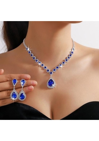 Beyaz 2 Adet/takım Kadınlar Düğün Takısı Seti Su Damlası Şekli Parlayan Sahte Kristal Gerdanlık Kolye Dangle Küpe Seti Beyaz