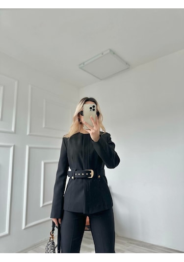 Keymoda Kadın Gold Kemerli Ceket Pantolon Takım Siyah Siyah