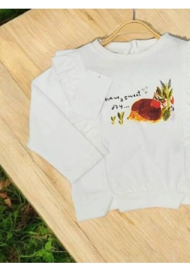 Kız Bebek Pamuklu İnce Uzun Kollu Kirpi Desenli Bluz-14898 Ekru