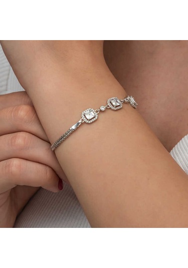 Gümüş Üçlü Kare Kadın Bileklik Gümüş