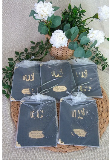 5 Adet Keseli Tesbihli İsim Baskılı Kadife Kaplı Yasin Mevlüt Kitabı Seti Hediyesi Siyah