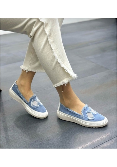 Gdt Ayakkabı Mavi Renk Taşlı Düz Taban Kadın Kot Sneakers