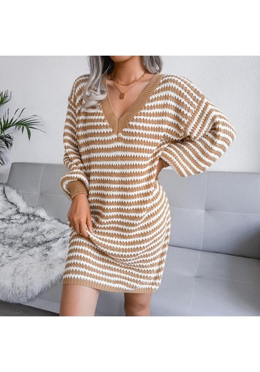Novahub Kadın Sonbahar Kış V Boyun Uzun Kollu Yün Elbise - Camgöbeği Renkli Şerit Oyma Camgöbeği