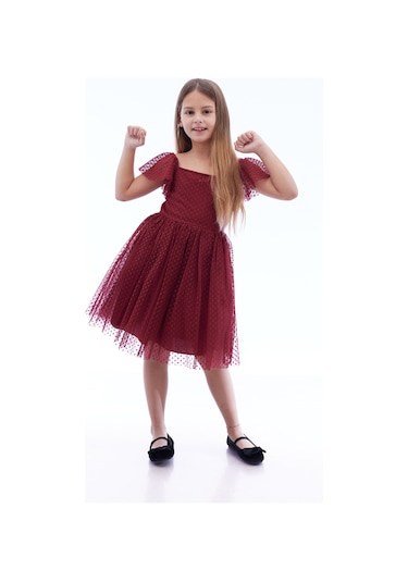 Ahengim Kız Çocuk Kare Yaka Trend Tül Elbise Ak2242 Bordo